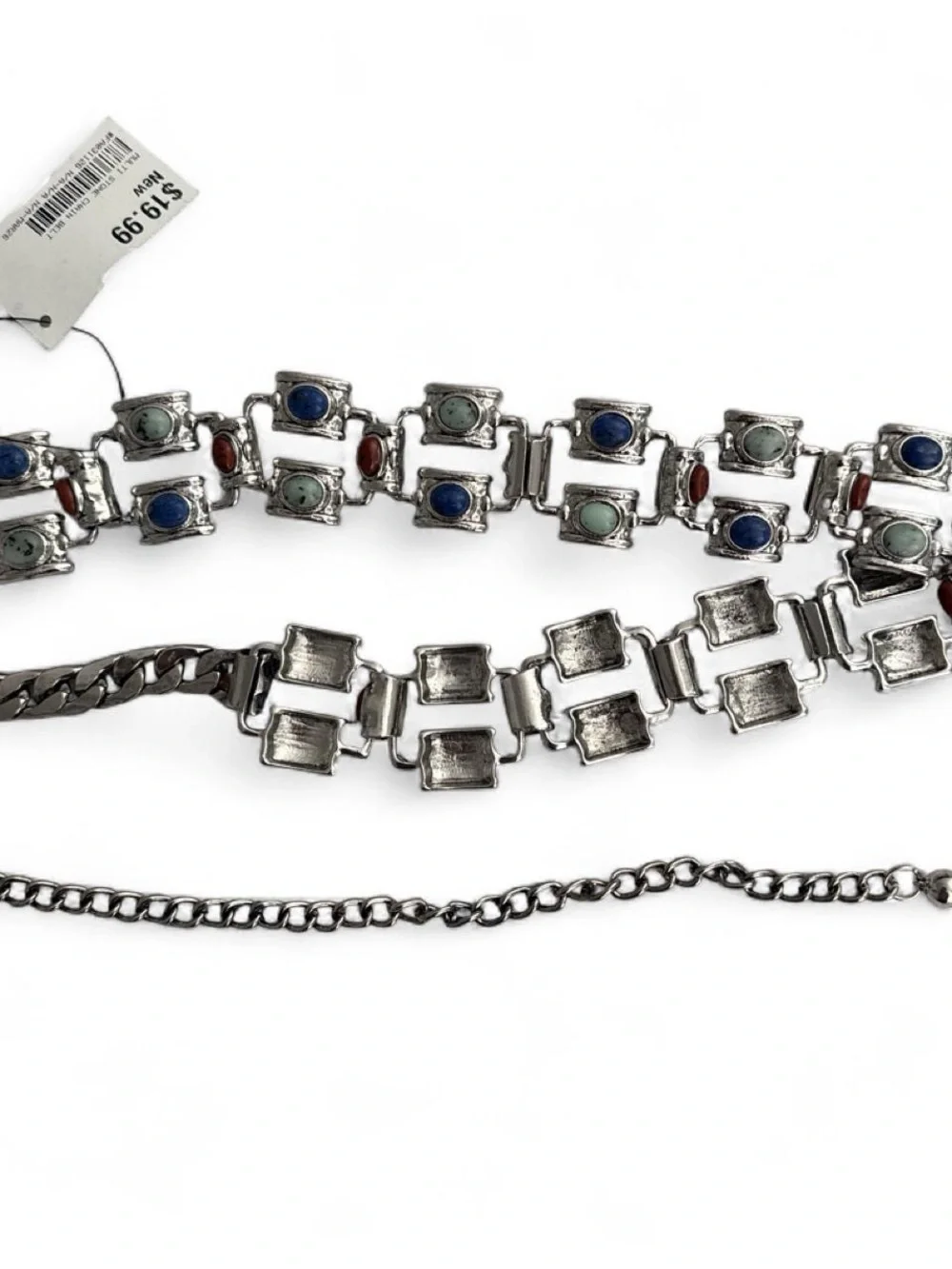 Silver Chain Belt with Blue and Turquoise Stone Accents - Women's Accessory